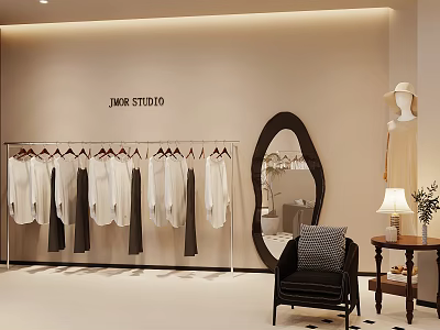 Modern Clothing Store Interior With Hanging White And Dark Clothes Oval Mirror And Black Chair 3d model