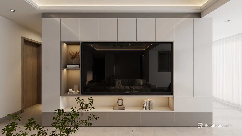 Modern Living Room Interior Design With TV Wall Unit Cabinets And Decorative Plants 3d model 