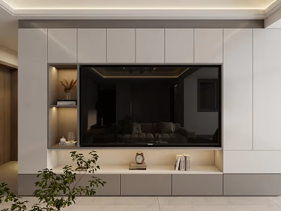 Modern Living Room Interior Design With TV Wall Unit Cabinets And Decorative Plants 3d model