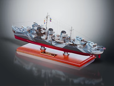 Vintage Warship Model with Turrets Chimneys and Flags on Red Wooden Base 3d model