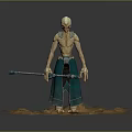 Alien Fantasy Creature Holding Blue Staff Standing on Desert Sand Surface