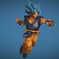 Game and Movie Character with Blue Hair Muscular Battle Stance Blue Outfit Orange Pants