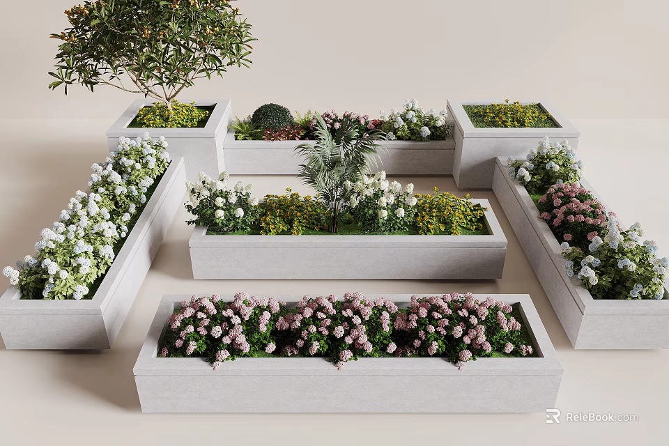 Courtyard Garden Design With Multiple Concrete Flower Boxes And Green Plants Pink White Flowers 3d model 