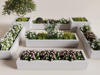Courtyard Garden Design With Multiple Concrete Flower Boxes And Green Plants Pink White Flowers 3d model