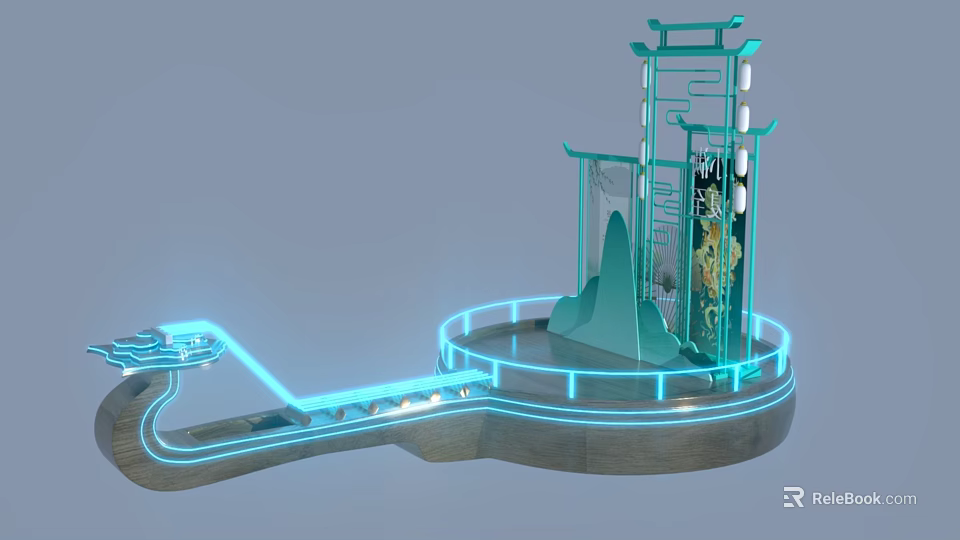 Traditional Pavilion Photo Spot With Illuminated Blue Lines Circular Base And Mountain Decor 3d model 