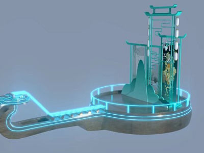 Traditional Pavilion Photo Spot With Illuminated Blue Lines Circular Base And Mountain Decor 3d model