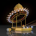 Decorated Golden Stage With Chicken Shaped Top And Surrounding Illuminated Lights