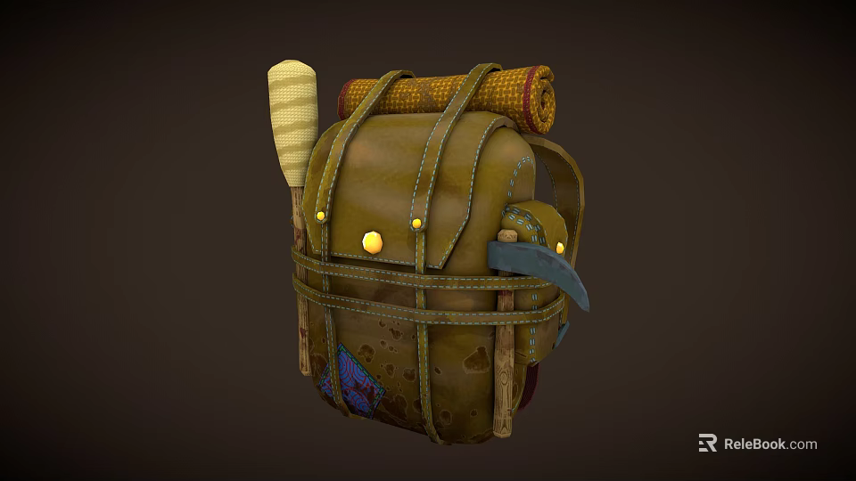 Brown Leather Vintage Backpack With Yellow Buttons Rolled Items Top Wooden Sticks Patched Details 3d model 