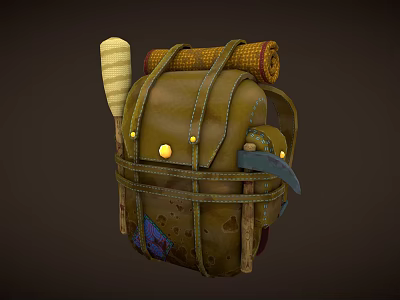 Brown Leather Vintage Backpack With Yellow Buttons Rolled Items Top Wooden Sticks Patched Details 3d model