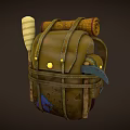 Brown Leather Vintage Backpack With Yellow Buttons Rolled Items Top Wooden Sticks Patched Details