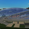 Modern Sports Stadium Building Featuring Glass Dome and Football Field Exterior