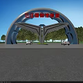 Sanjiang International Auto City Entrance Gate Modern Wing Shaped Design With Trees And Cars In Front