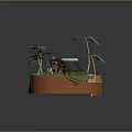Cartoon Island Scene With Palm Trees Small Wooden House Green Grass Rocks And Boat