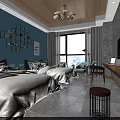 Hotel Guest Room With Twin Beds White Bedding Blue Walls Wooden Ceiling And Large Window
