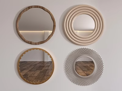 Four Modern Decorative Round Wall Mirrors With Wooden Beige Gold Silver Frames And Ornate Designs 3d model