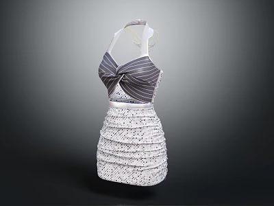 Elegant Striped Bow Front Dress With Layered Patterned Skirt Design 3d model