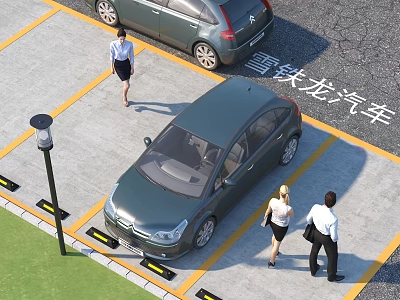Citroen Car Parked In Marked Parking Space With People Walking Nearby 3d model