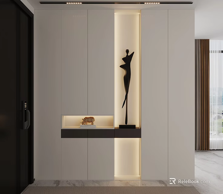 Modern Luxury Entrance Design With Wall Cabinet Black Sculpture Small Decor And Lighting 3d model 
