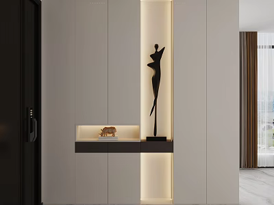 Modern Luxury Entrance Design With Wall Cabinet Black Sculpture Small Decor And Lighting 3d model