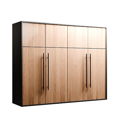 Modern Wardrobe Interior Design With Oak Wood Doors Black Frame And Metal Handles 3d model