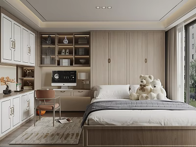Cozy Tatami Bedroom Interior Design With Wooden Bed Storage Cabinets Desk And Large Window 3d model