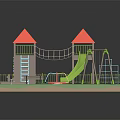 Cartoon Playground Scene With Red Roofs Green Slide Swings Climbing Wall Sandpit Fence And Bench