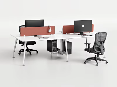 Modern Office Desk With Red Partition Two Computer Monitors And Black Office Chairs 3d model