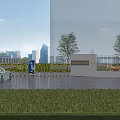 Industrial Factory Building Entrance Area With Yellow Barriers Trees City Skyline And Billboard