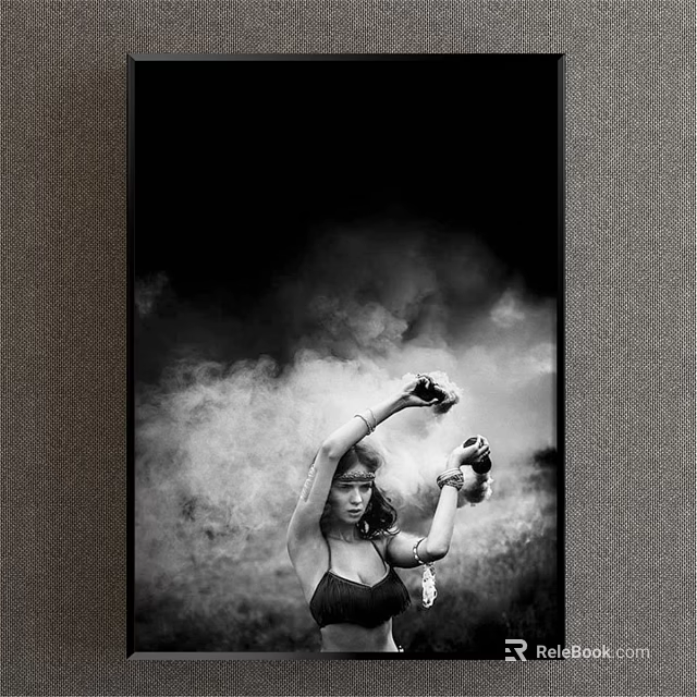 Black and White Female Figure Painting With Raised Arms Amidst Smoke and Decorative Details 3d model 