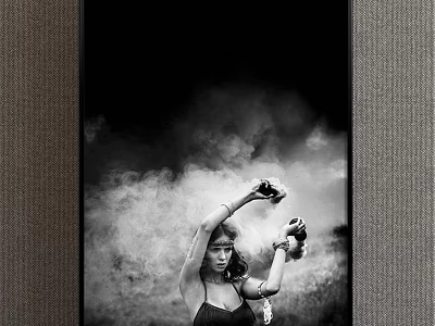 Black and White Female Figure Painting With Raised Arms Amidst Smoke and Decorative Details 3d model