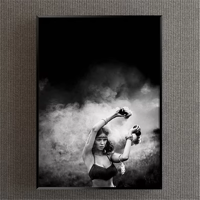 Black and White Female Figure Painting With Raised Arms Amidst Smoke and Decorative Details 3d model