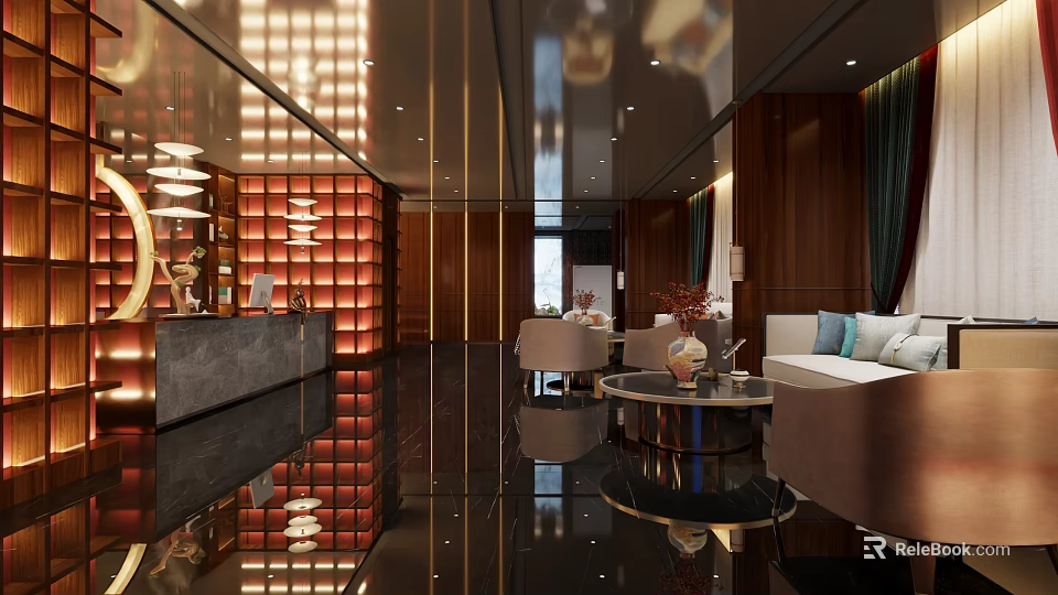 Luxurious Modern Clubhouse Interior With Wooden Walls Chandeliers Sofas Round Coffee Tables and Mirrored Flooring 3d model 