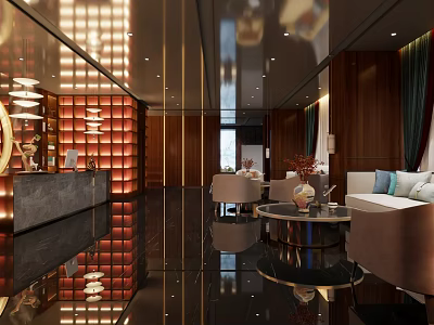 Luxurious Modern Clubhouse Interior With Wooden Walls Chandeliers Sofas Round Coffee Tables and Mirrored Flooring 3d model