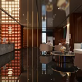 Luxurious Modern Clubhouse Interior With Wooden Walls Chandeliers Sofas Round Coffee Tables and Mirrored Flooring