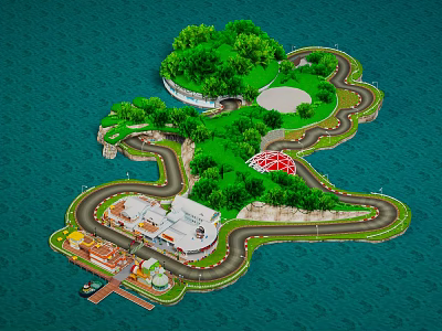 Cartoon Scenery Of Island With Green Trees Winding Roads Buildings Red Structure And Blue Water 3d model