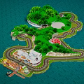 Cartoon Scenery Of Island With Green Trees Winding Roads Buildings Red Structure And Blue Water