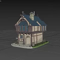 Charming Cartoon Timber Framed Cottage With Blue Windows Chimney Barrels Greenery And Stone Path