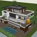 Modern Detached Villa With Large Glass Windows Surrounded By Lush Green Trees And Water Reflection