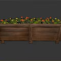 Wooden Long Planter Box With Legs Featuring Green Plants Red and Yellow Flowers