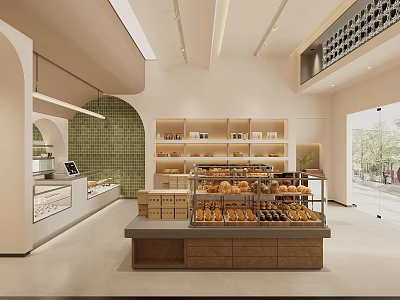 Modern Pastry Shop Interior With Display Cases Assorted Pastries Green Tiled Wall And Arched Design 3d model