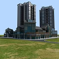 Modern Commercial Street Featuring High Rise Buildings Central Road Layout And Green Areas