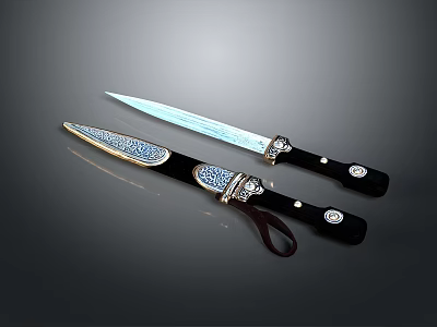 Decorative Weapon Ornate Knives With Patterned Blades Black Handles And Silver Accent Sheaths 3d model
