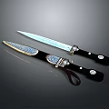 Decorative Weapon Ornate Knives With Patterned Blades Black Handles And Silver Accent Sheaths
