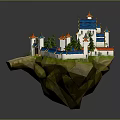 Cartoon Scene of Floating Island with Castle Towers Green Trees and Pathway