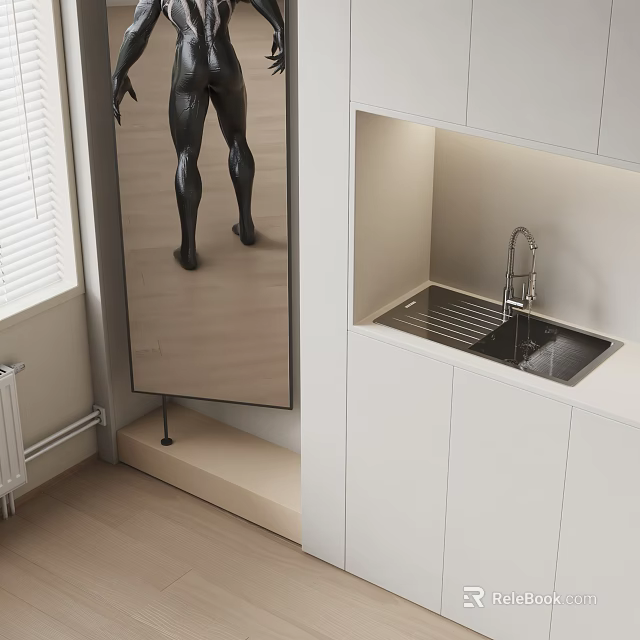 Modern Bathroom Washbasin Design With White Cabinets Countertop Faucet And Mirror 3d model 
