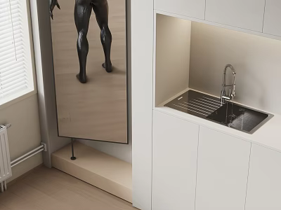 Modern Bathroom Washbasin Design With White Cabinets Countertop Faucet And Mirror 3d model
