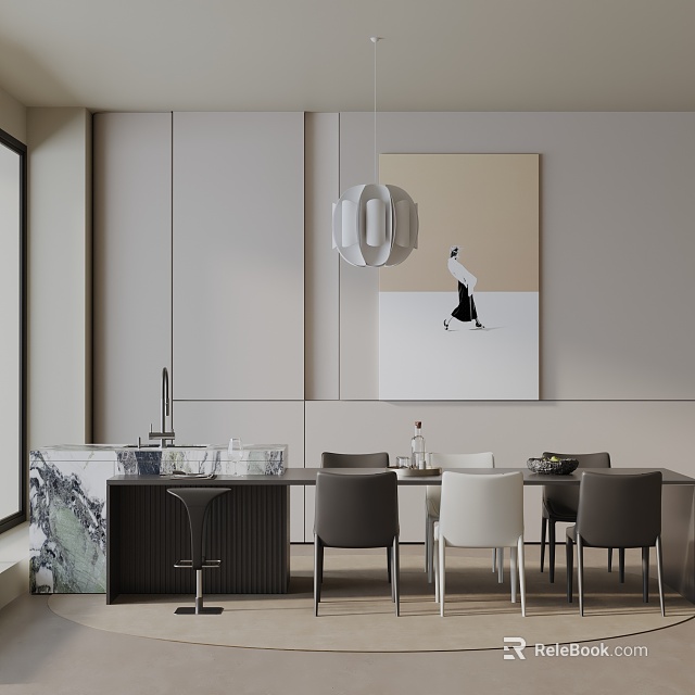 Modern Dining Table Set With Marble Top Grey White Chairs Pendant Light And Decorative Painting 3d model 