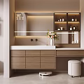Modern Bathroom Cabinet With Lighted Mirror Wooden Design White Countertop Vase And Stool