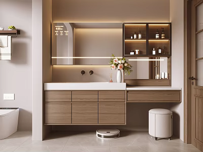 Modern Bathroom Cabinet With Lighted Mirror Wooden Design White Countertop Vase And Stool 3d model