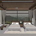 Elegant Hotel Room Interior With Twin Beds Large Windows Curtains And Wooden Ceiling
